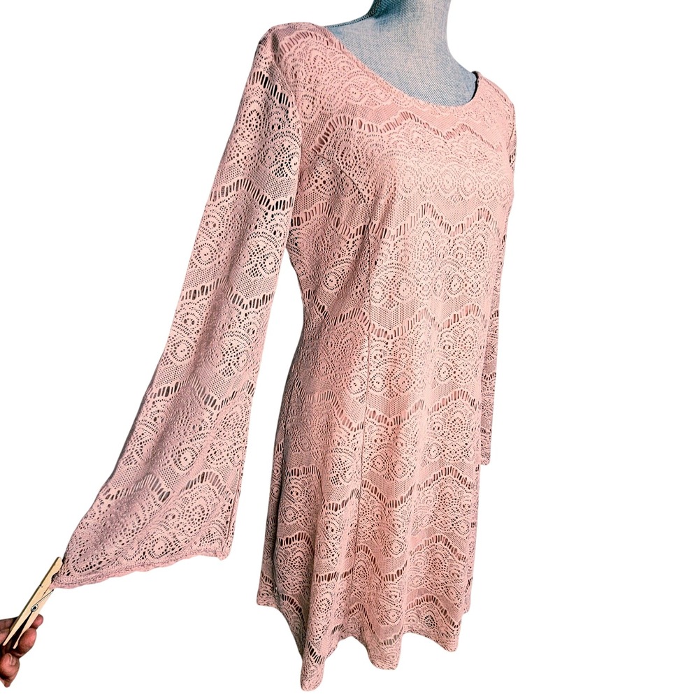 Pastel Dusty Pink/Rose Lace Bell Sleeve Mini Dress XXL Boho Romantic Cottagecore